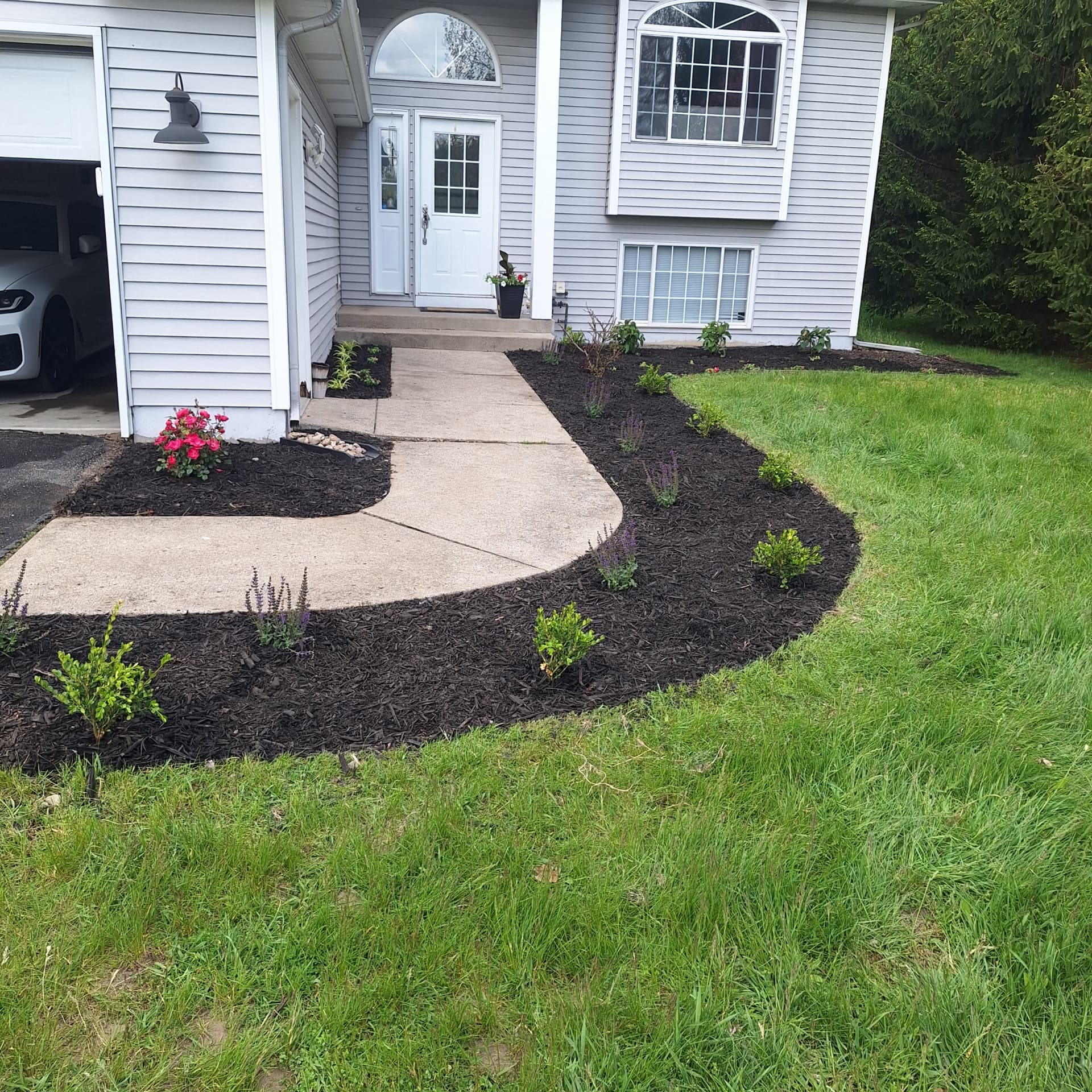 Freshly mulched front garden bed along a curved walkway
